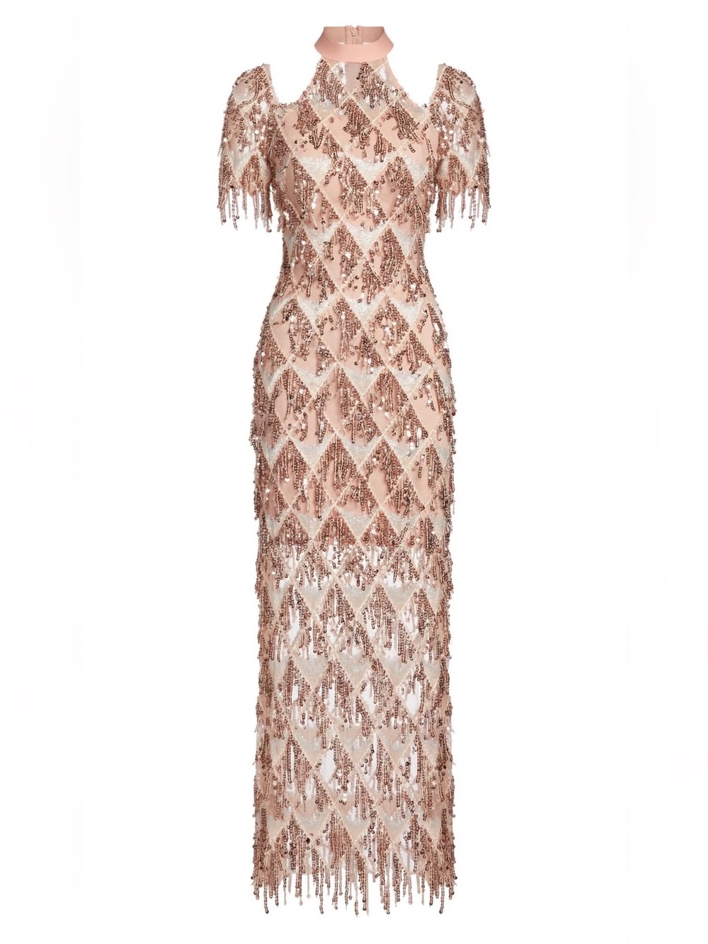 Kiki Kouture NWT Blush Rose Gold Beaded Fringe Gown Dress Size M